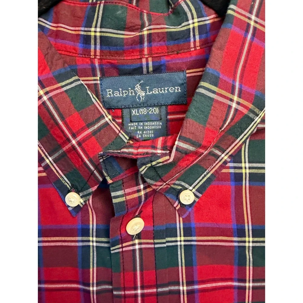 Ralph Lauren Boys XL 18-20 Red Plaid Cotton Button Down Shirt Long Sleeve Tartan